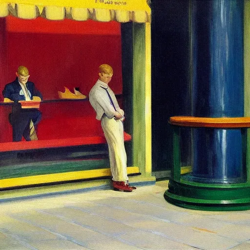 Prompt: a detailed painting, blonde man at a shoe store, edward hopper,