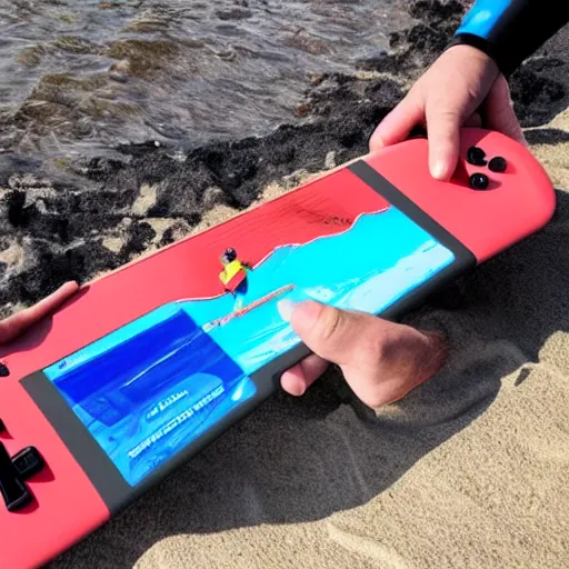 Image similar to human that looks like a nintendo switch, surfboarding