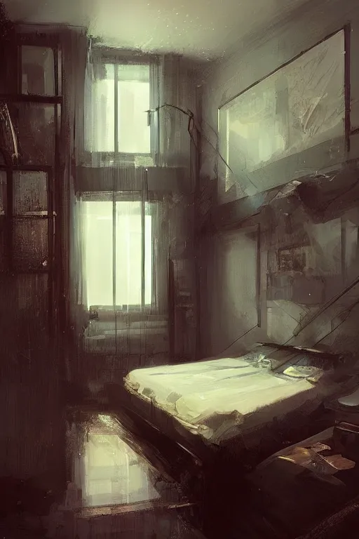 Prompt: a apartment bedroom, by wlop!!. artstation contest winner. trending on artsation. blade runner. intricate detailed paint