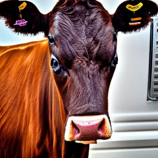 Prompt: portrait photo of a cow in the fridge