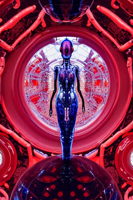 Image similar to background space station, red baroque inflateble dress iris van herpen positing on floor, helmet instead of a head, perfect symmetrical, full body shot, inflateble shapes, wires, tubes, veins, jellyfish, white biomechanical details, wearing epic bionic implants, masterpiece, intricate, biopunk, vogue, highly detailed, artstation, concept art