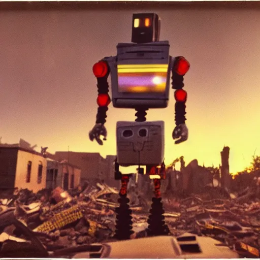 Prompt: old polaroid of a evil robot walking on a destroyed city, 8 k, uhd, golden hour, 8 0 0 mm