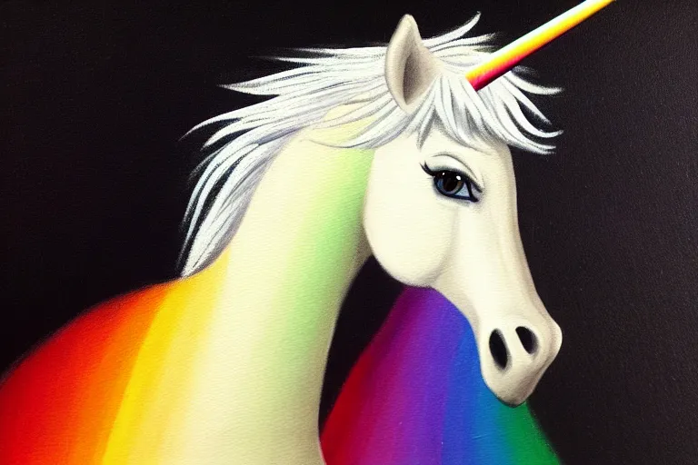 Image similar to detailed traditional painting of a unicorn walking on a rainbow, ((rainbow)) by Caravaggio, authentic, masterpiece, brush strokes, trending on artstation