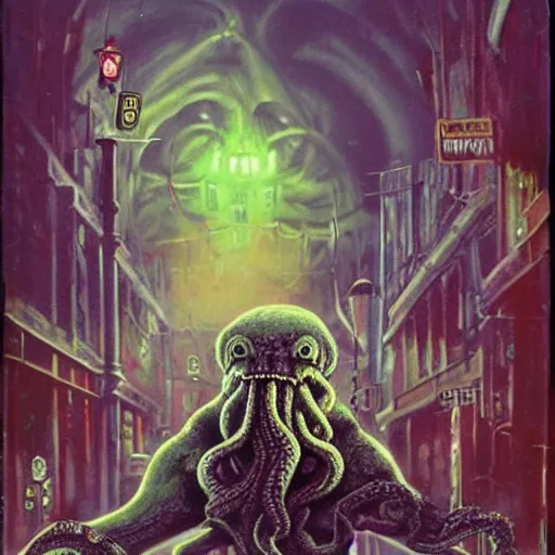 Prompt: Cthulhu with a human body walks through the streets of London and spreads insanity. Creator is Paul Lehr