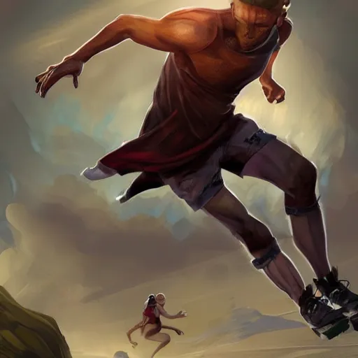 Image similar to action digital art of a an athletic runner holding a bible. Chased by mysterious monsters. concept art, highly detailed, promotional art, HD, digital painting, trending on ArtStation, golden ratio, rule of thirds,