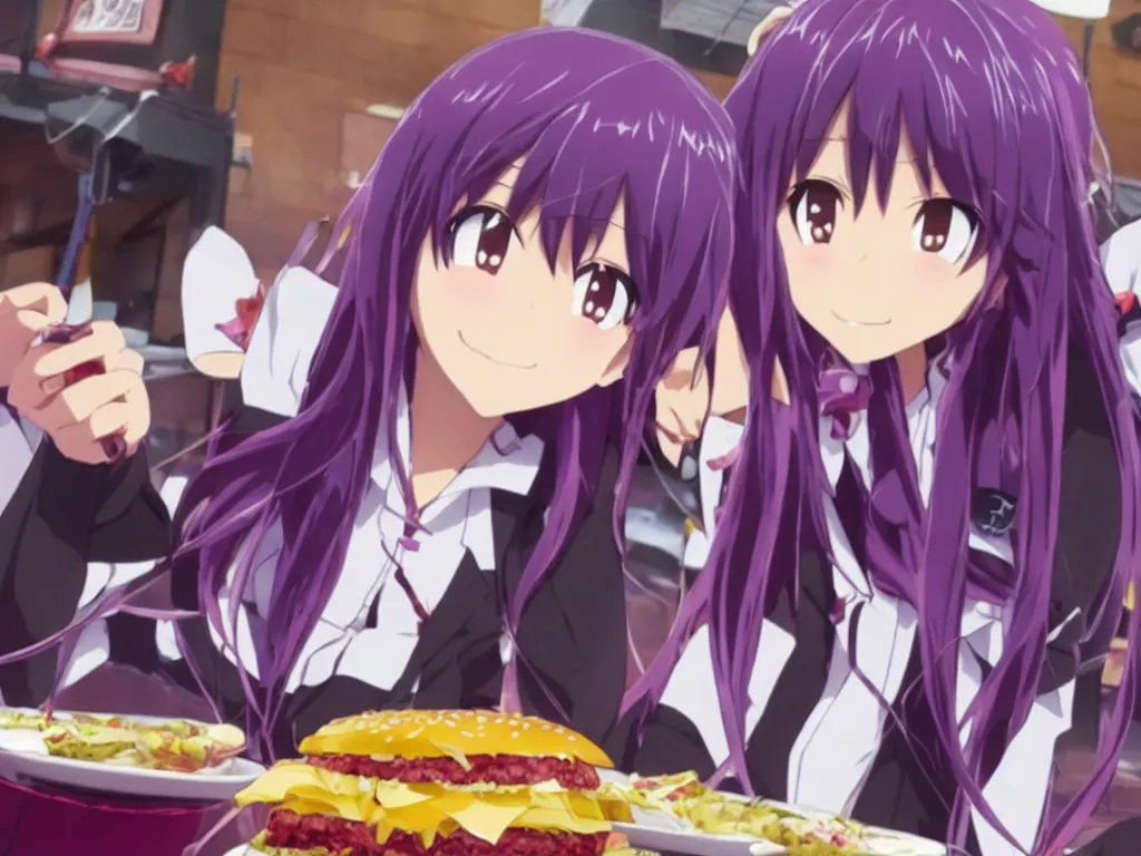 yuuki konno from sword art online eating a big burger, Stable Diffusion