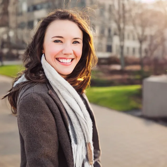 Image similar to a beautiful girl from minnesota, brunette, joyfully smiling at the camera opening her brown eyes. thinner face, irish genes, dark chocolate hair colour, wearing university of minneapolis coat, perfect nose, morning hour, plane light, portrait, minneapolis as background. healthy, athletic, in her early 2 8 s