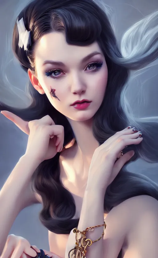 Image similar to a pin up and beautiful fashion charming dreamlke swedish girl with lv jewelry, character art, art by artgerm lau and wlop and and ilya kuvshinov and john singer sargent, hyperdetailed, 8 k realistic, symmetrical, frostbite 3 engine, cryengine, dof, trending on artstation, digital art