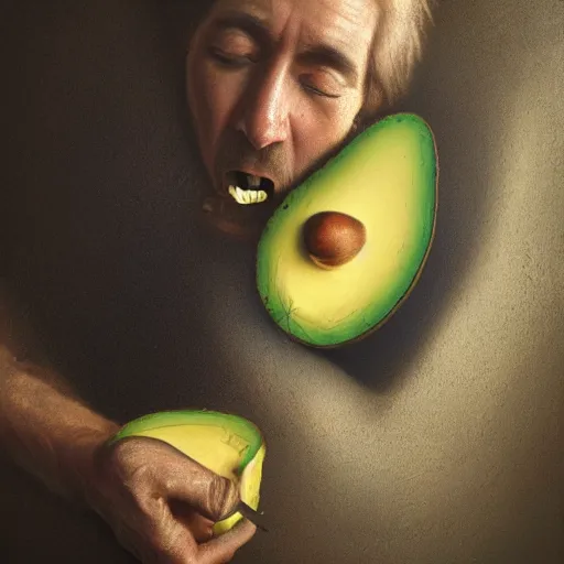 Image similar to man in a cave eating an avocado, landscape ultrarealistic, photorealism, golden ratio, art canvas, award winning, masterpiece, trending on artstation 8 k 1 5 0 mpx