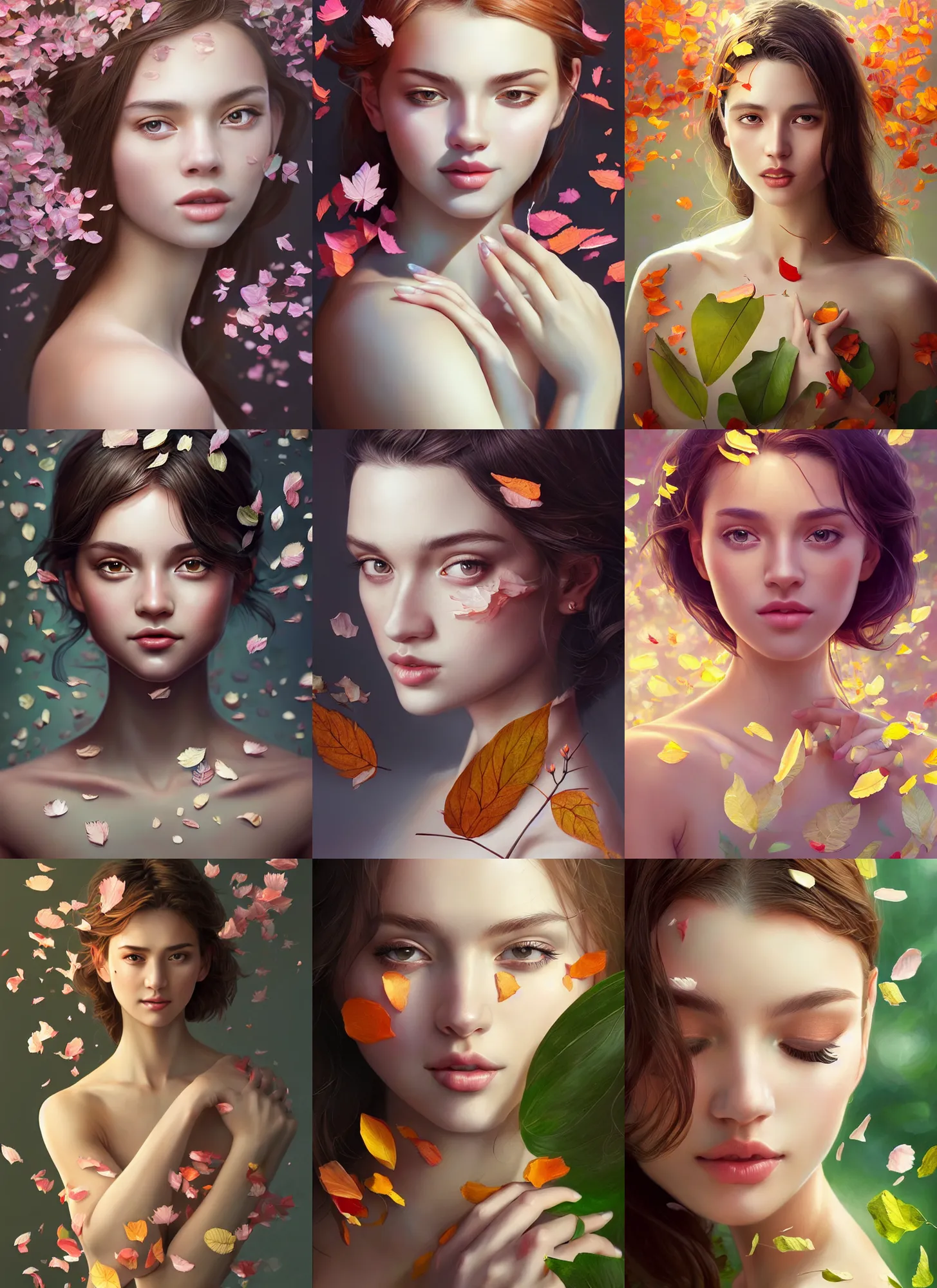 Prompt: gorgeous female covered in translucent leaf and petals in the style of stefan kostic, cute - fine - face, dasha taran, backlit, refracted lighting, elegant, half body shot, 8 k, insanely detailed, intricate, art by stanley lau, artgerm, wlop, kuvshinov ilya,