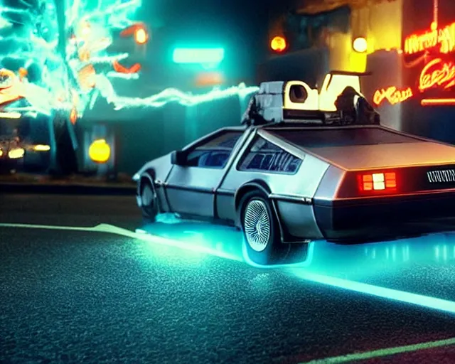 Image similar to still of delorean from bttf, traveling in time at high speed, long exposure, ultra - realistic and intricate, epic neon lighting