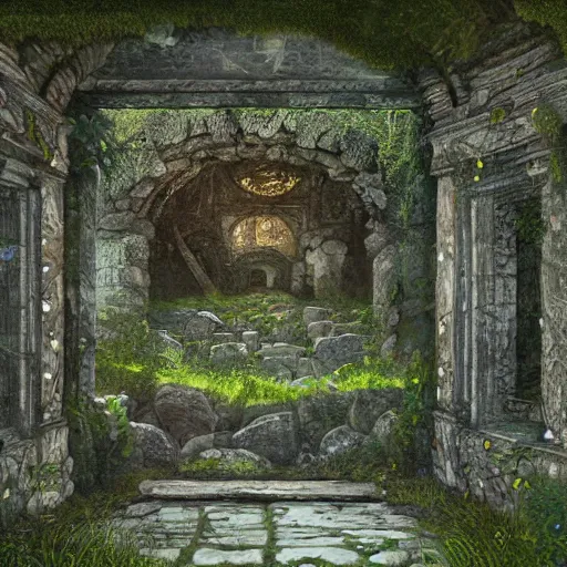 Image similar to ancient overgrown ruins, medieval gates, runestones, mysetrious etherial mesmerizing runic cat eyes, magical elven geometry, concept art by gustav klimt, deviantart contest winner, environmental art, high detail