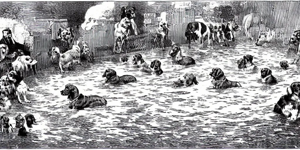 Image similar to an illustration of dogs swimming in a wide pool, vaudevillian, from 1890, detailed, vignette, high quality scan