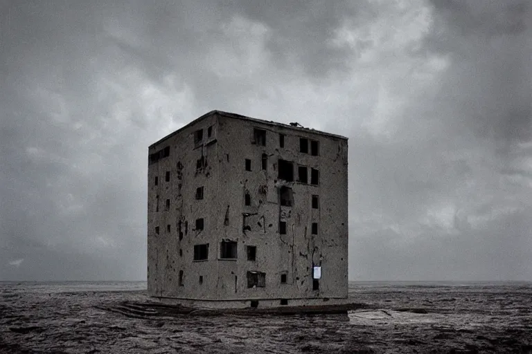 Image similar to high key lighting, danila tkachenko, photograph of an abandonet soviet building bloc in the middle of the ocean, lighting storm,