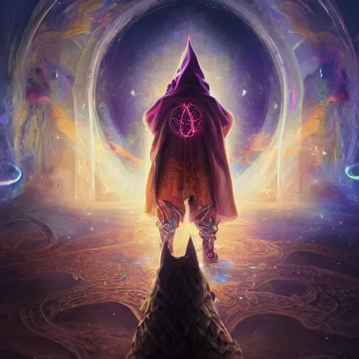 Prompt: an epic painting of the wizard in the hood, surrounded by glowing symbols making hand passes to create new world, back view, fantasy background, mystic, mysterious, oil on canvas, perfect composition, golden ratio, beautiful detailed, photorealistic, digital painting, concept art, smooth, sharp focus, illustration, artstation trending, octane render, unreal engine
