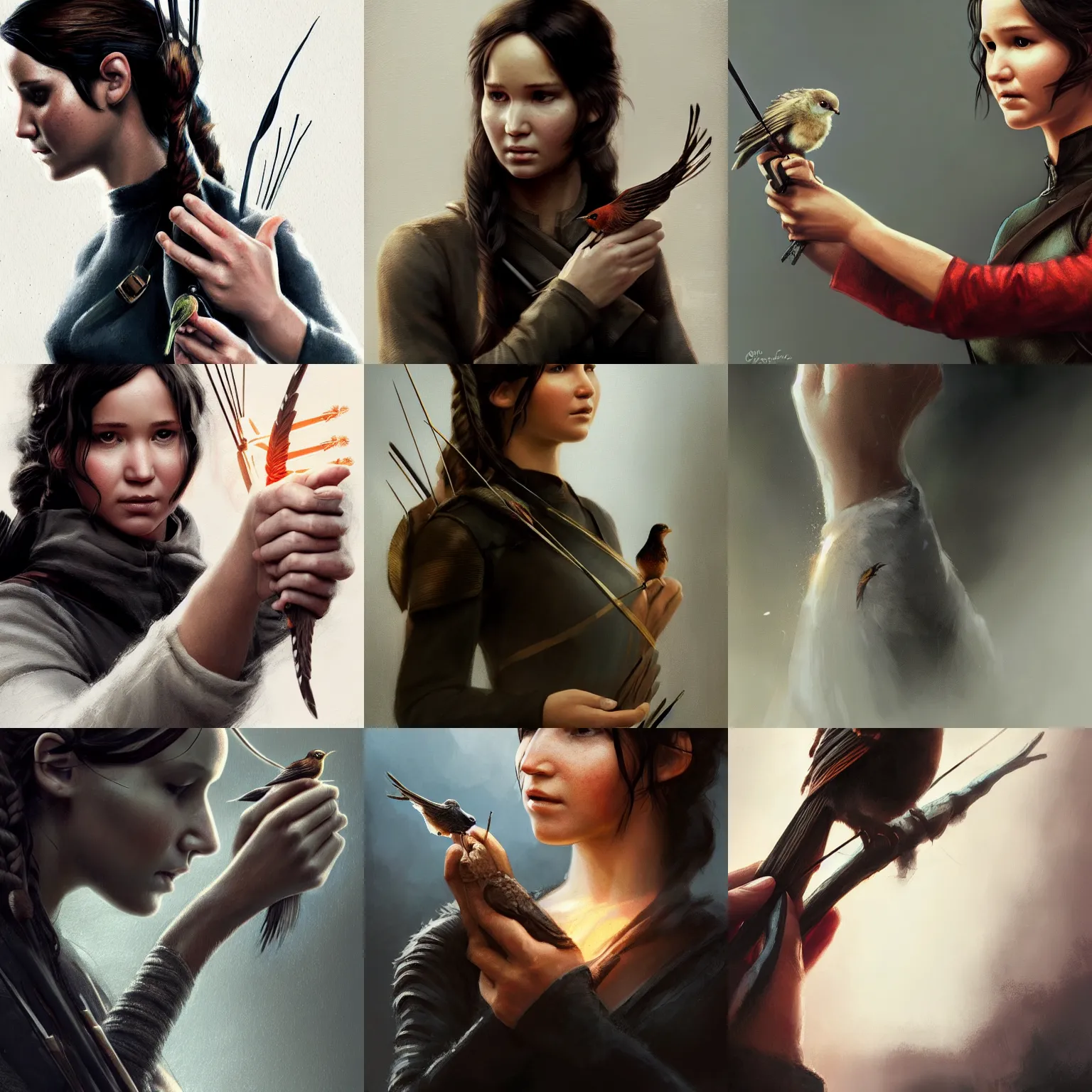 Prompt: Katniss Everdeen holding a bird in her handpalm, closeup of hand, digital portrait by Greg Rutkowski, intricate, sharp focus, cinematic, epic, artstation