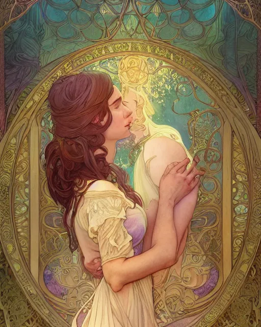 Image similar to secret romance, highly detailed, very intricate, art nouveau, gold filigree, romantic storybook fantasy, soft cinematic lighting, award - winning, disney concept art watercolor illustration by mandy jurgens and alphonse mucha and alena aenami, pastel color palette, featured on artstation