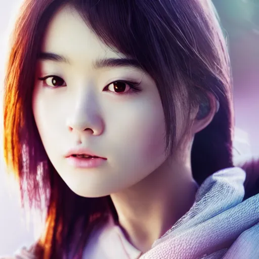 Image similar to a dynamic, epic cinematic 8K HD movie shot of close-up japanese beautiful cute young J-Pop idol actress girl face. Motion, VFX, Inspirational arthouse, at Behance, with Instagram filters