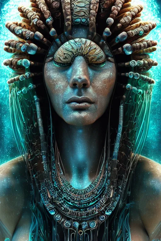 Prompt: a profile photo real render of an ancient futuristic shaman with digital modifications surrounded by a underwater ink pour and flowing liquid gallium and complex sacred geometry, perfect body and face, powerful, cinematic, beautifully lit, by artgerm, by karol bak, 3 d, trending on artstation, octane render, 8 k