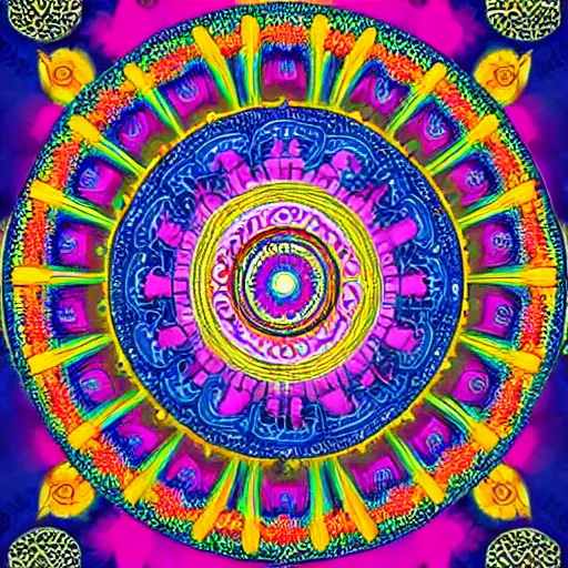 Image similar to A beautiful Buddhist Mandala, hyper-detailed, rainbow color scheme ::