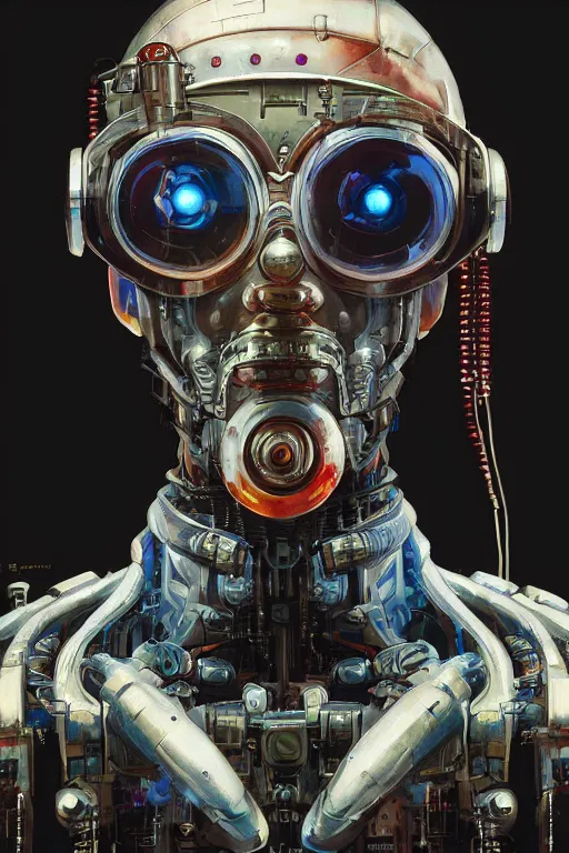 Prompt: detailed face of a cyberpunk robot with vr headset, painting by james jean, craig mullins, j. c. leyendecker, lights, art by ernst haeckel