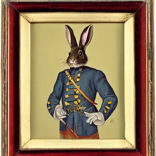 Prompt: a painting of a rabbit wearing Continental Army Uniform of an officer