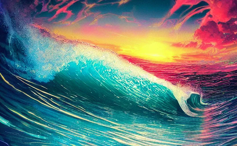 Prompt: vaporwave sunset waves surfing, sparkles, glitter, hawaii, shine, glimmer, by jeremy mann and scott uminga, led light, highly detailed and intricate, hdr, hyper detailed, insane details, intricate, elite, ornate, elegant, luxury, psychedelic, sharp focus, unreal engine, trending on artstation, octane, trending on deviantart