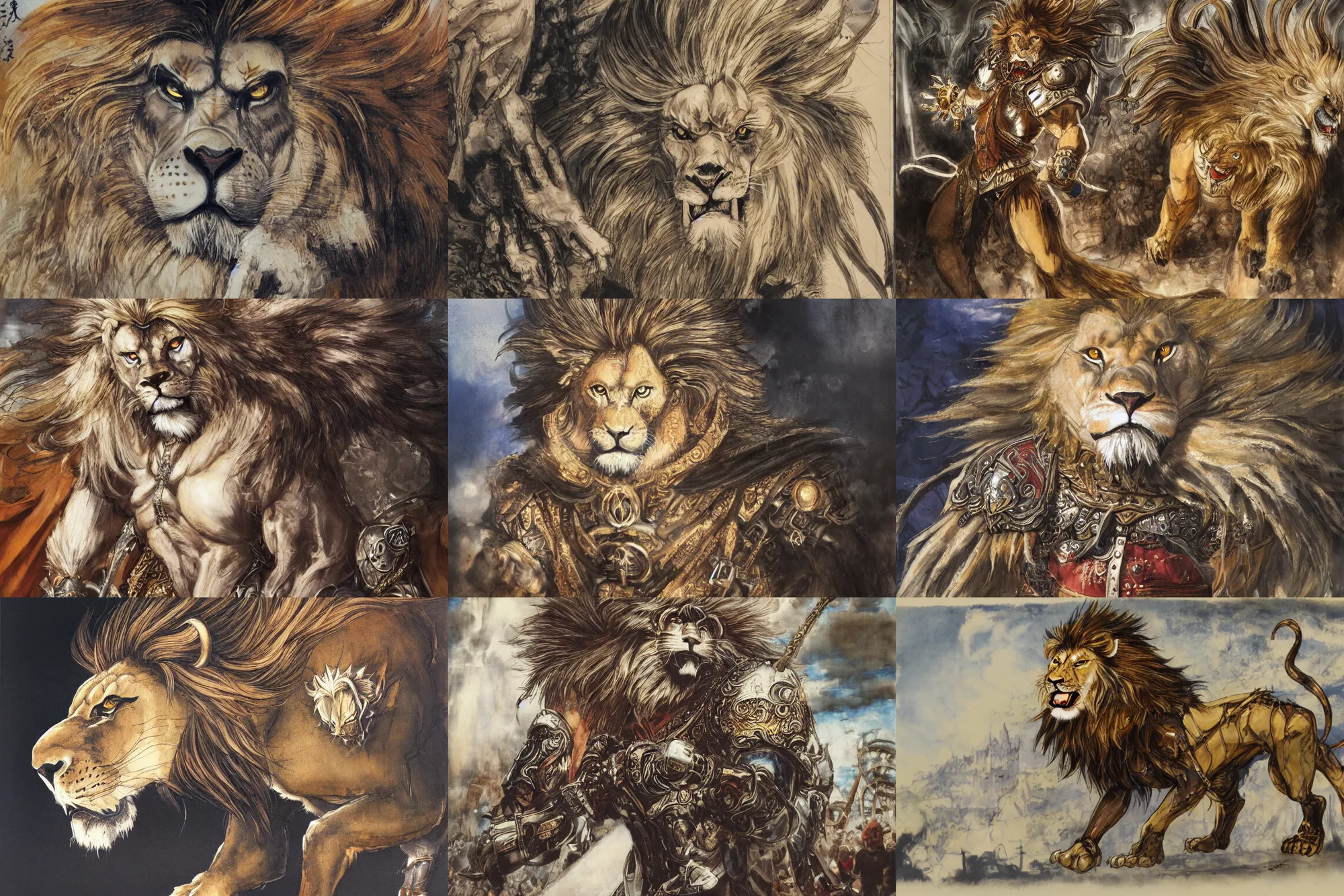 Image similar to 8k Yoshitaka Amano painting of upper body of a young cool looking lion beast-man at a medieval market at windy day. Lion with white mane, Depth of field. He is wearing complex fantasy armors. He has huge paws. Renaissance style lighting.