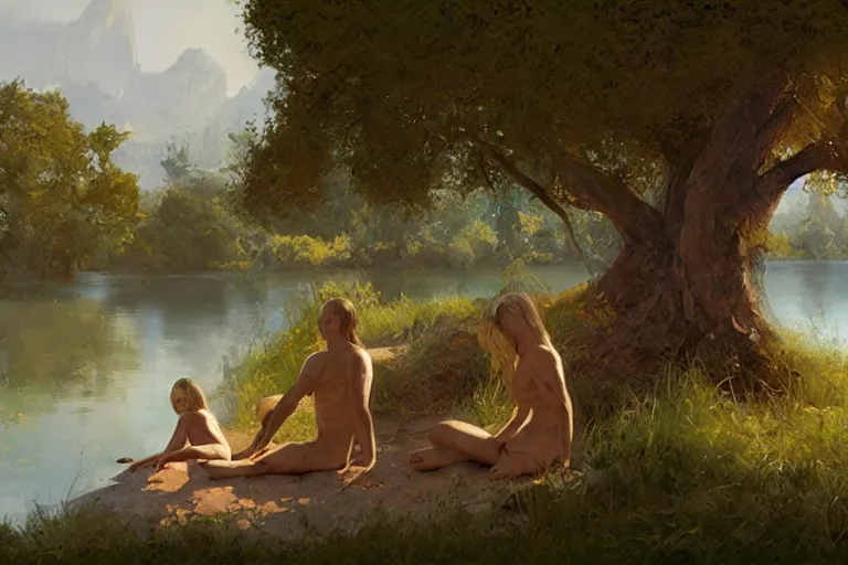 Image similar to adam and eve next to a tree and a lake, digital painting by craig mullins, by mattias adolfsson,