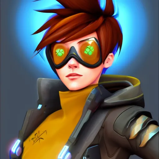 Image similar to digital painterly artwork of tracer from the game overwatch