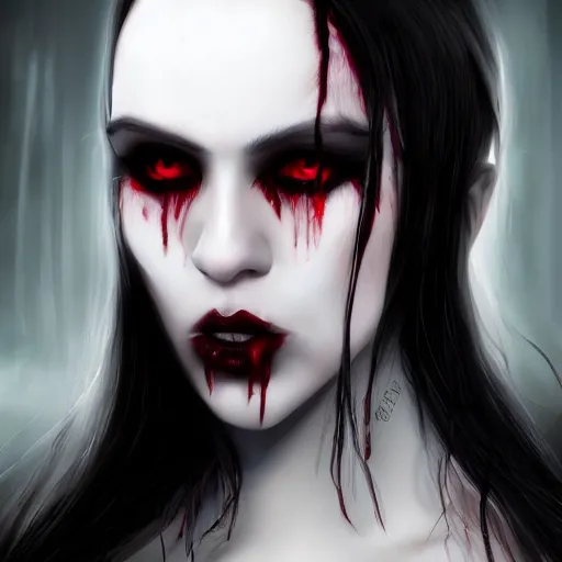Prompt: Portrait of a pale white vampire woman with bright glowing strands of hair, dark black hair, blood dripping from her fangs, horror, creepy, unsettling, artstation, cgsociety, masterpiece, dark fantasy
