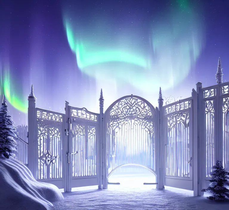 Image similar to a very detailed concept art of intricate and modern white gates to aurora borealis infused with magic, dynamic lighting trending on artstation, symmetry, digital art, 4 k, hyper realistic, octane render, sharp focus