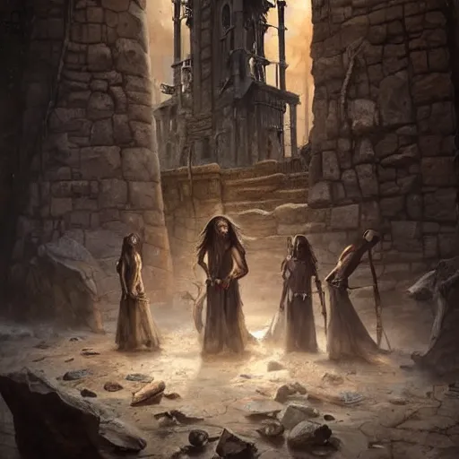 Image similar to epic masterpiece of cinematographic hyperrealism where a group of archeologists appears in front of the dread tower. realistic shaded lighting poster by craig mallismo, artgerm, jeremy lipkin and michael garmash, unreal engine, radiant light, detailed and intricate environment, digital art, art station trends, horror, night, darkness