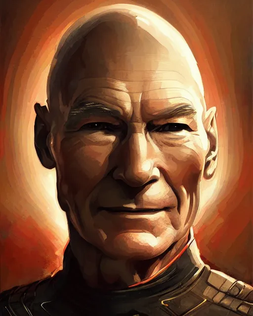 Image similar to a highly detailed portrait of Sir Patrick Stewart as Captain America, by greg rutkowski and android jones in a surreal portrait style, oil on canvas, ancient cyberpunk 8k resolution, masterpiece