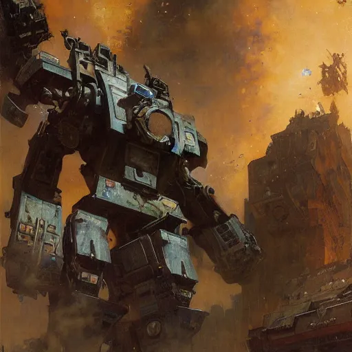 Image similar to six meters tall mech fighting in an urban environment, epic action scene, by gaston bussiere craig mullins jc leyendecker gustav klimt artgerm greg rutkowski john berkey, bergey, craig mullins, ruan jia, raymond swanland, jeremy mann, tom lovell, alex malveda, ray casting, hdr