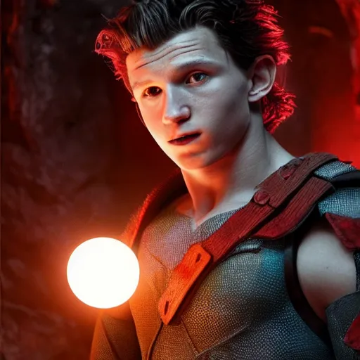 Prompt: Tom Holland wearing a barbarian tunic holding a small glowing red magical orb with electrical bolts emitting from it. In an icy cave. Trending on Artstation octane render ultra detailed art by Ross tran