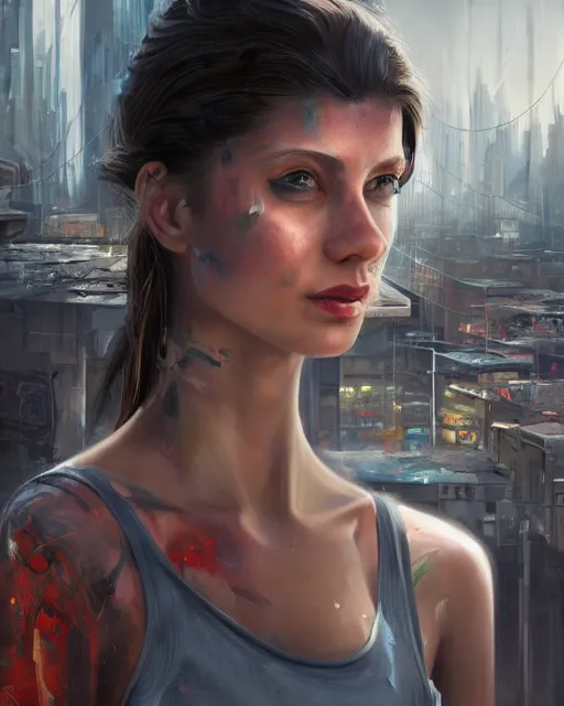 Image similar to realistic female artist painting on a canvas on the rooftop of a cyberpunk city, artstation trends, sci fi concept art, highly detailed, intricate, sharp focus, digital art, 8 k,