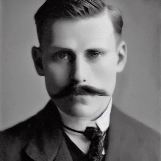 Image similar to A photograph portrait of Jerma985 with short hair and a pencil thin mustache in the early 1910s, taken in the early 1910s, grainy, taken on a early 1900s Kodak Camera, realistic, hyperrealistic, very realistic, highly detailed, very detailed, extremely detailed, detailed, digital art, trending on artstation