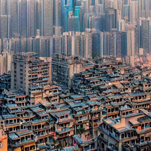 Prompt: extremely detailed non-Euclidean stunning sophisticated very beautiful Kowloon walled city, stunning volumetric light, sunset, multi-colored concrete and glass and translucent material, stunning skied, 8k