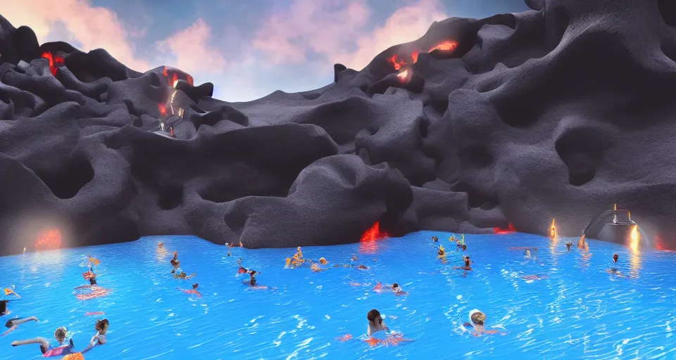 Image similar to swimming pool inside a volcano. Instead of water, there is lava and people are swimming and playing inside. 4k, high detail, volumetric lighting