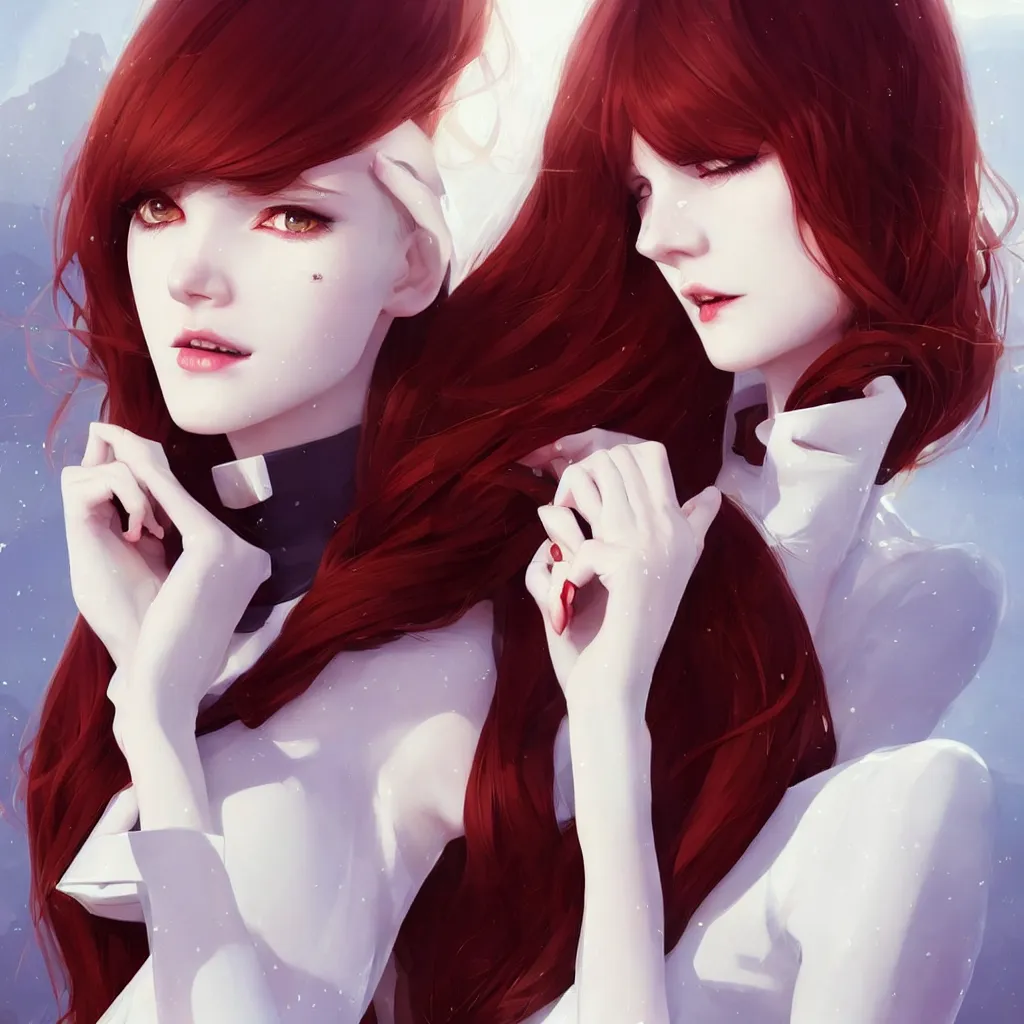 Prompt: beautiful pale vampire with auburn hair in a white turtleneck dress, on a super yacht, by guweiz and wlop and ilya kuvshinov and and moebius, artgerm, symmetrical eyes, aesthetic, gorgeous, stunning, alluring, attractive, half body portrait, artstation, deviantart, pinterest, digital art