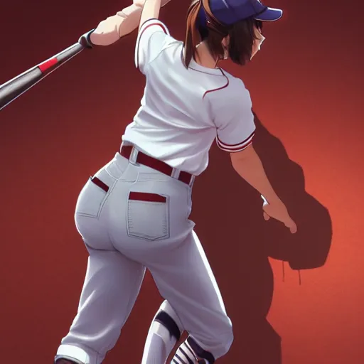 Image similar to anime style, female baseball player, red sport clothing, realistic anatomy, launching straight ball, brown short hair, hair down, symmetrical facial features, from arknights, hyper realistic, rule of thirds, extreme detail, 4 k drawing, safebooru, realistic lighting, by alphonse mucha, greg rutkowski, sharp focus, backlit