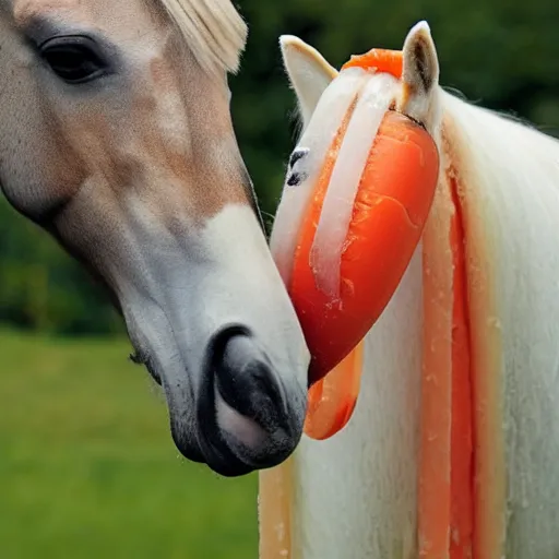 Prompt: horse eating carrot ice lolly