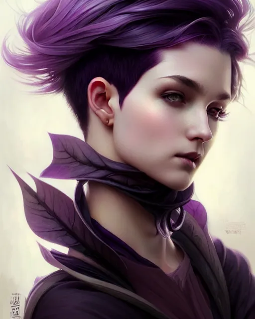 Image similar to fantasy portrait, pixie undercut hairstyle, black to purple fade hair color, intricate, elegant, sharp focus, illustration, highly detailed, digital painting, concept art, matte, art by WLOP and Artgerm and Greg Rutkowski and Alphonse Mucha, masterpiece