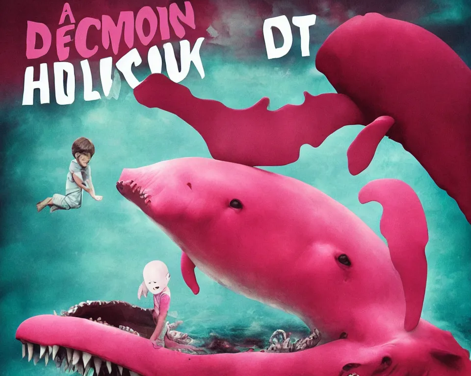 Image similar to a horror movie poster featuring a demonic pink whale eating a child