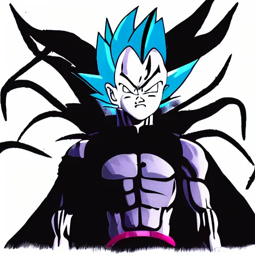 Image similar to Demon boy with Vegeta hair, mazoku, VFX, digital art, vantablack cloak