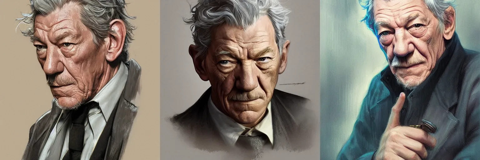 Prompt: portrait of Ian McKellen as a detective, highly detailed, digital painting, artstation, concept art, sharp focus, illustration, art by artgerm and greg rutkowski and alphonse mucha