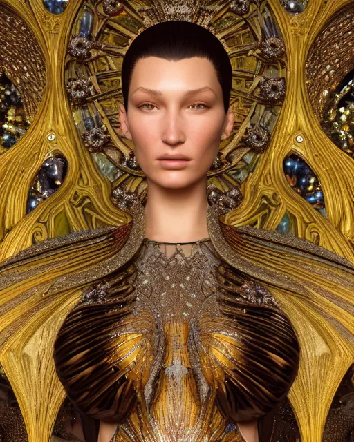 Prompt: a highly detailed metahuman 4 k close up render of a bella hadid as dmt monument renaissance in iris van herpen dress schiaparelli in diamonds crystals swarovski and jewelry iridescent in style of alphonse mucha gustav klimt trending on artstation made in unreal engine 4