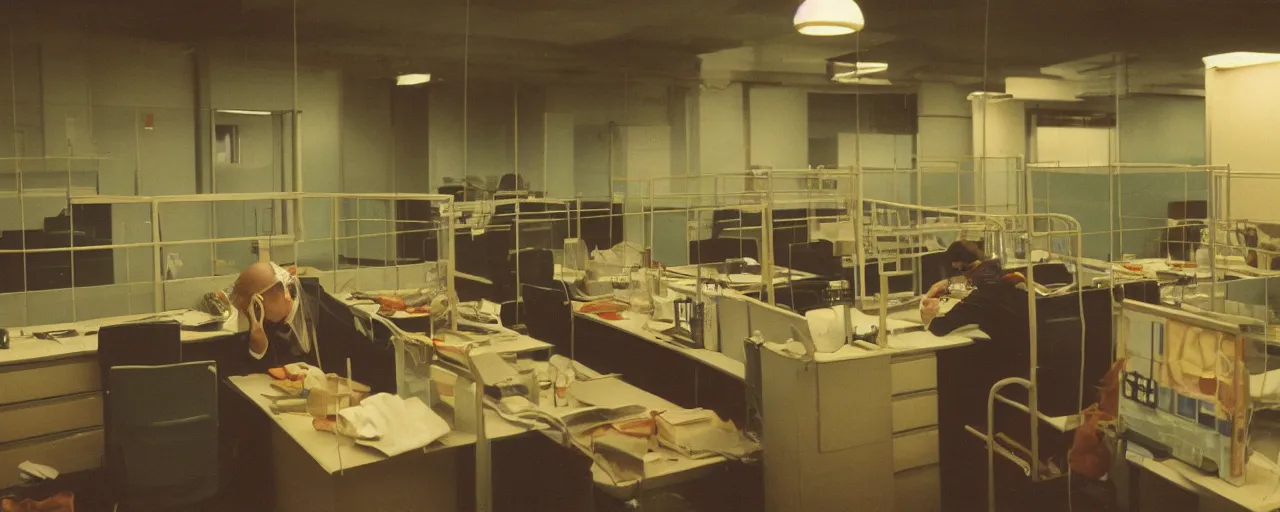 Image similar to security cam photo of a worker eating spaghetti!! alone at their cubicle, evening, kodachrome, in the style of wes anderson, retro