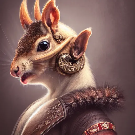 Prompt: detailed baroque portrait of a grotesque squirrel in a Japanese helmet and with katana, realistic creature concept, gazing eyes, beautiful eyes medium shot, elegant pose, fantasy, illustration, artstation, cinematic lighting, hyperdetailed, cgsociety, 8k Resolution, high resolution, Charlie Bowater, Tom Bagshaw, Tom Richmond, single face, insanely detailed and intricate, beautiful, elegant, golden ratio